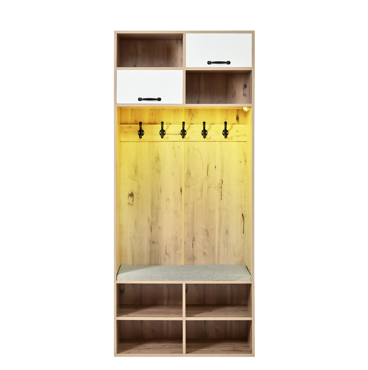 DIELENGARDEROBE mit Sitzbank, 5 Haken und Stauraum, Weiß/Natur, 80/35/185 cm - Naturfarben, Holzwerkstoff (80/185/35cm) - BEAOK