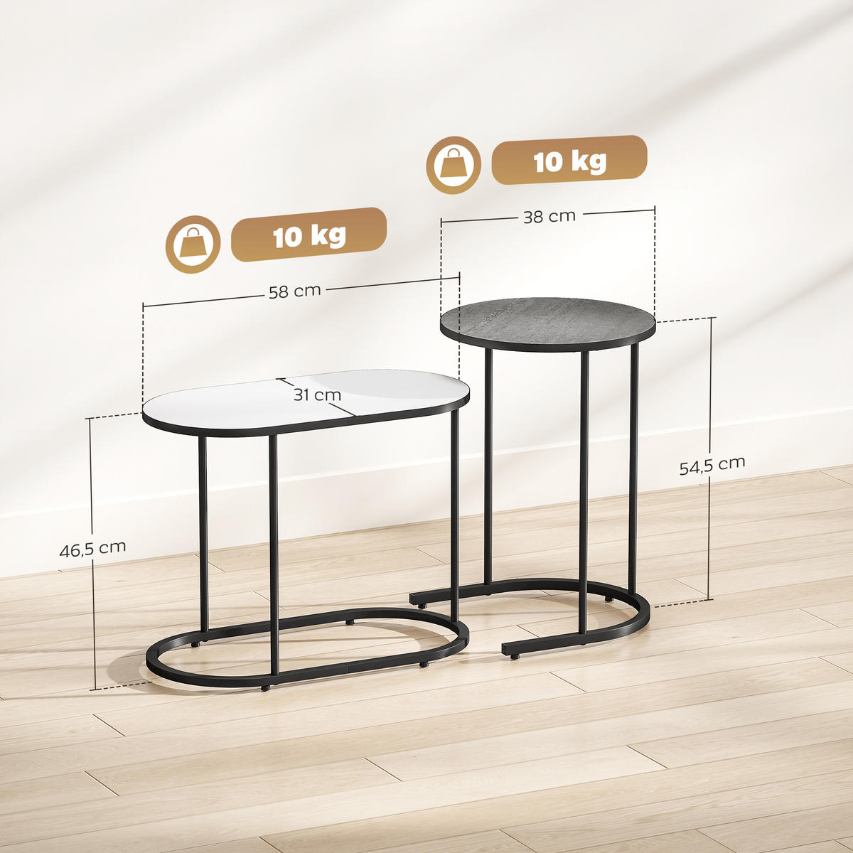 COUCHTISCHE 2er-Set Grau Weiß Schwarz - Grau, Metall (38/38/54.5cm) - PANGIVO