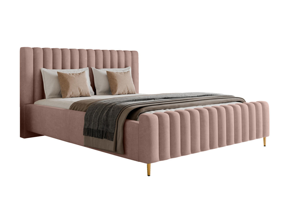 POLSTERBETT Lux Puderrosa 180x200 cm mit Stauraum, Kopfteil, Lattenrost, Goldenen Füßen, Stoff Amon - Goldfarben/Rosa, Holzwerkstoff/Kunststoff (180/200cm)