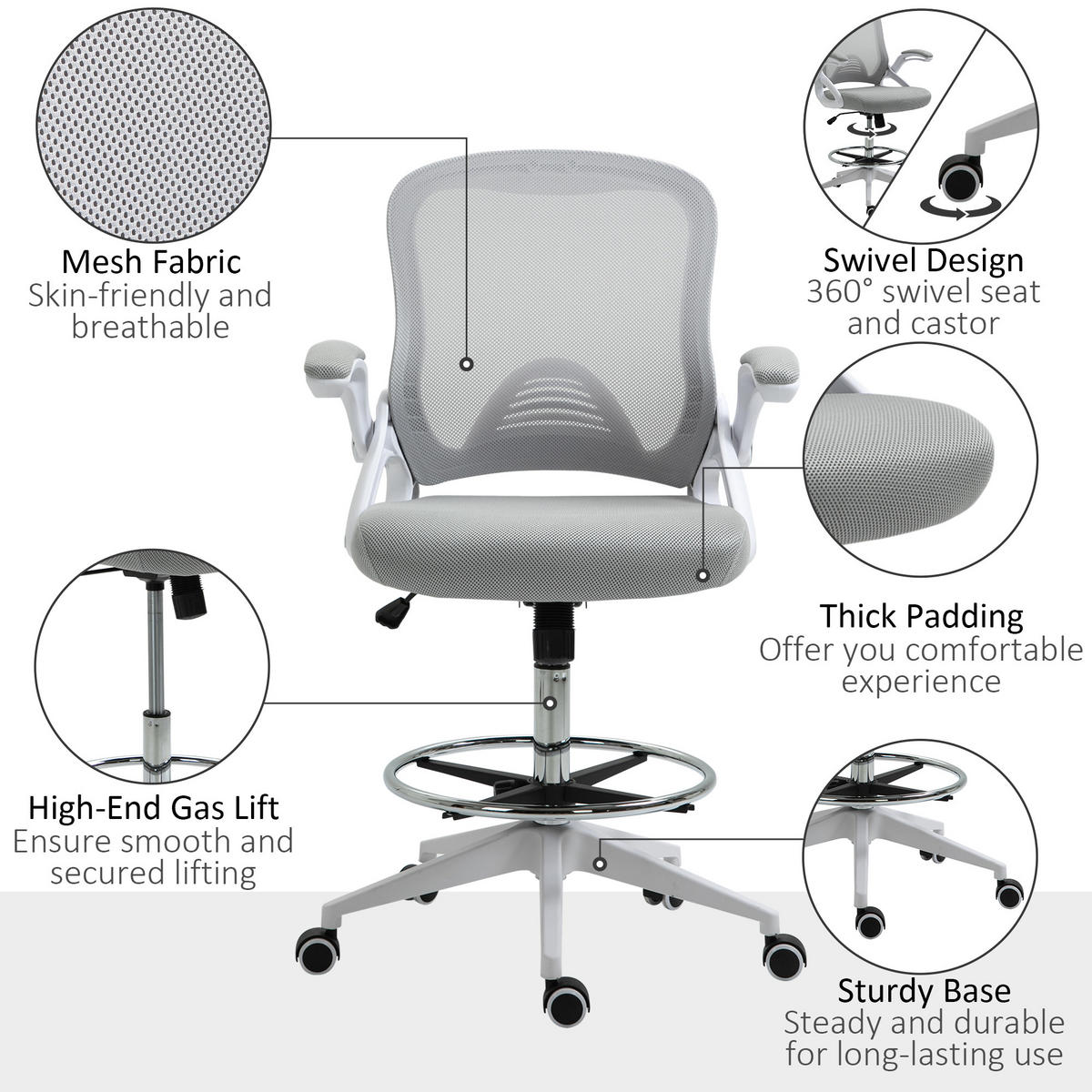 BÜROSTUHL Ergonomischer Schreibtischstuhl mit Hochklappbaren Armlehnen Netz - Hellgrau, Kunststoff (60/126/64cm) - Vinsetto