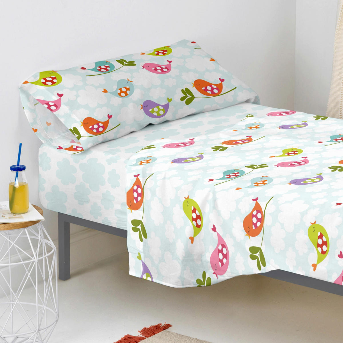 SPANNBETTLAKEN Little birds 90x200x32 cm (Bett 90) - Multicolor, Textil (90/200cm) - Happy Friday