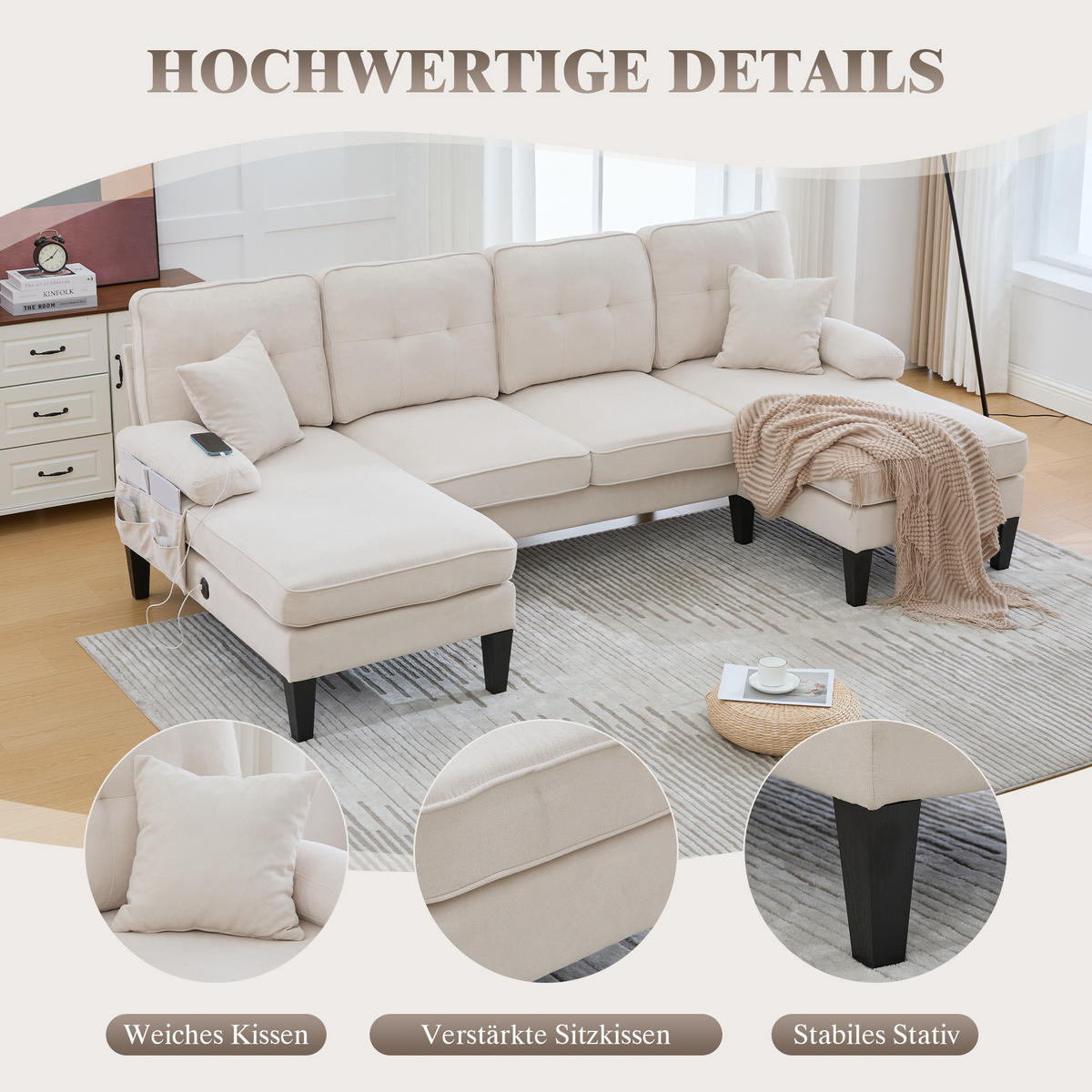 WOHNLANDSCHAFT 4-Sitzer Leinen Beige mit USB, Type-C und Seitentaschen - Beige, Textil (250/88/130cm) - WISHDOR