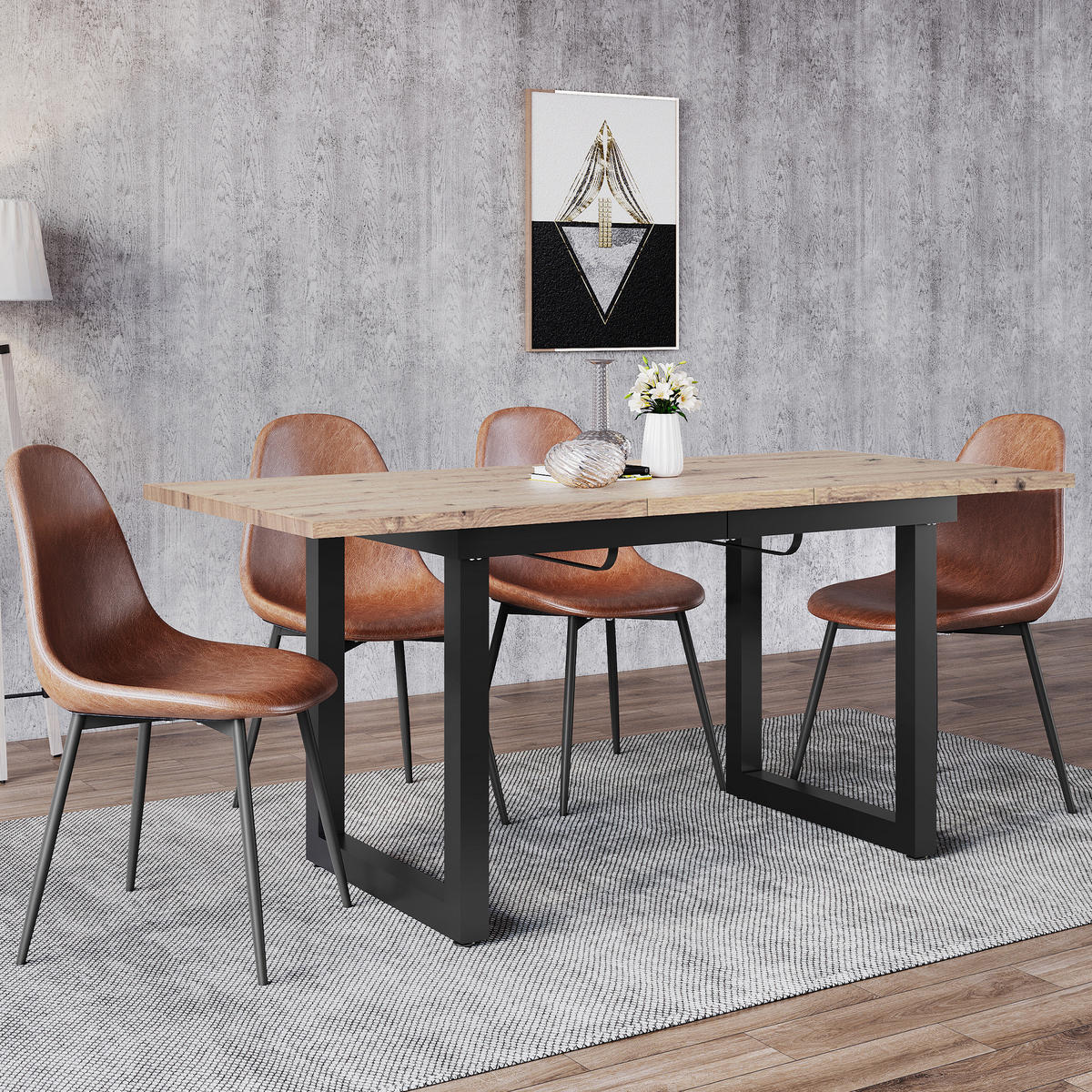 JÍDELNÍ STŮL dubový a černý, moderní jednoduchý design, železná konstrukce, do jídelny, 140×80×75 cm - přírodní/černá, kov/kompozitní dřevo (80/180/75cm) - STILVORA