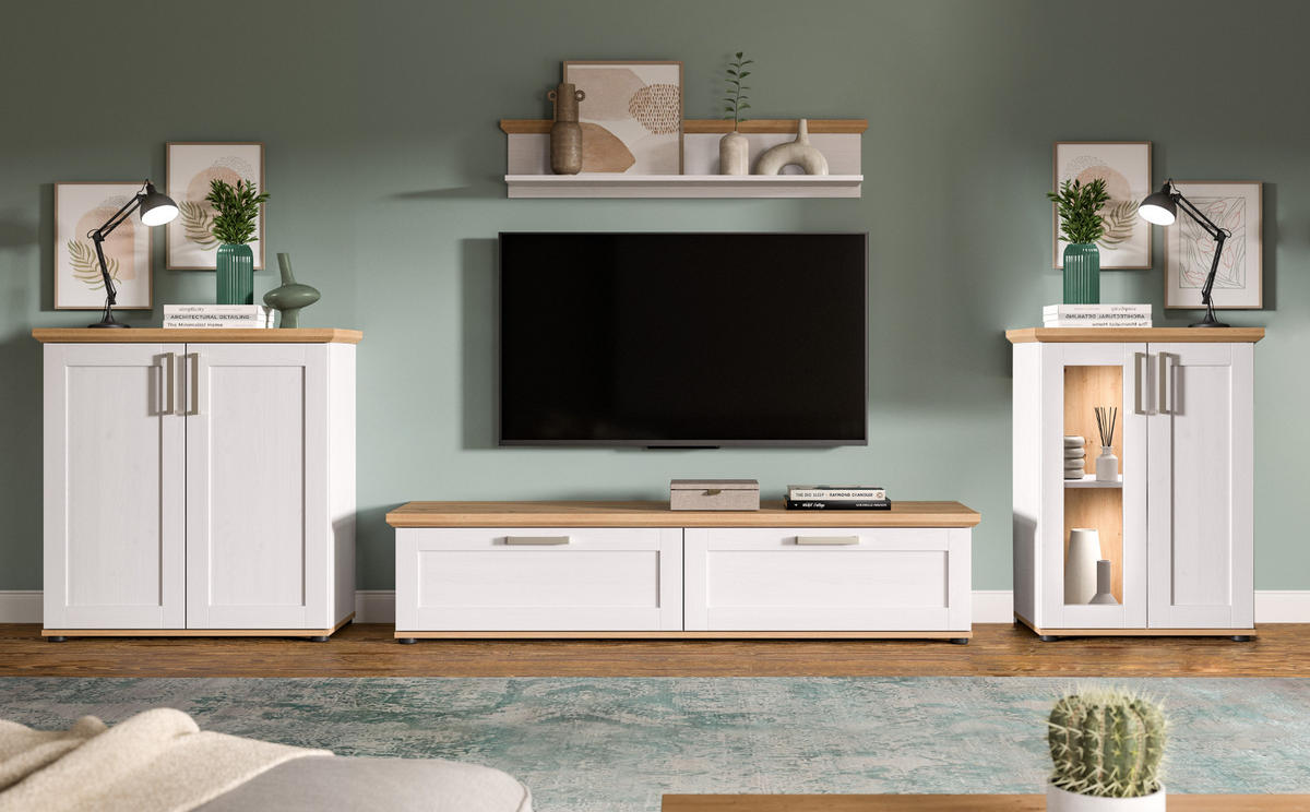 WOHNWAND 4-teilig weiß Lärche, Eiche Artisan 336 cm Landhaus, Schrankwand mit viel Stauraum - Silberfarben/Schwarz, Holzwerkstoff/Kunststoff (336/171/40cm) - Inn.Furn