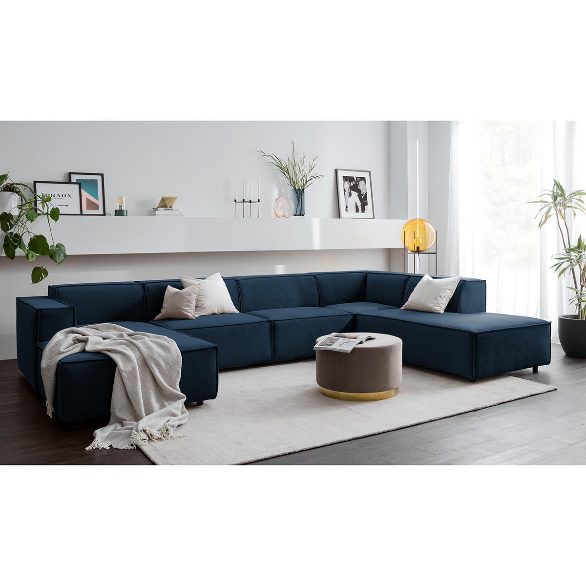 WOHNLANDSCHAFT mit Longchair & Ottomane - Schwarz/Dunkelblau, Kunststoff/Textil (369/70/234cm) - home24