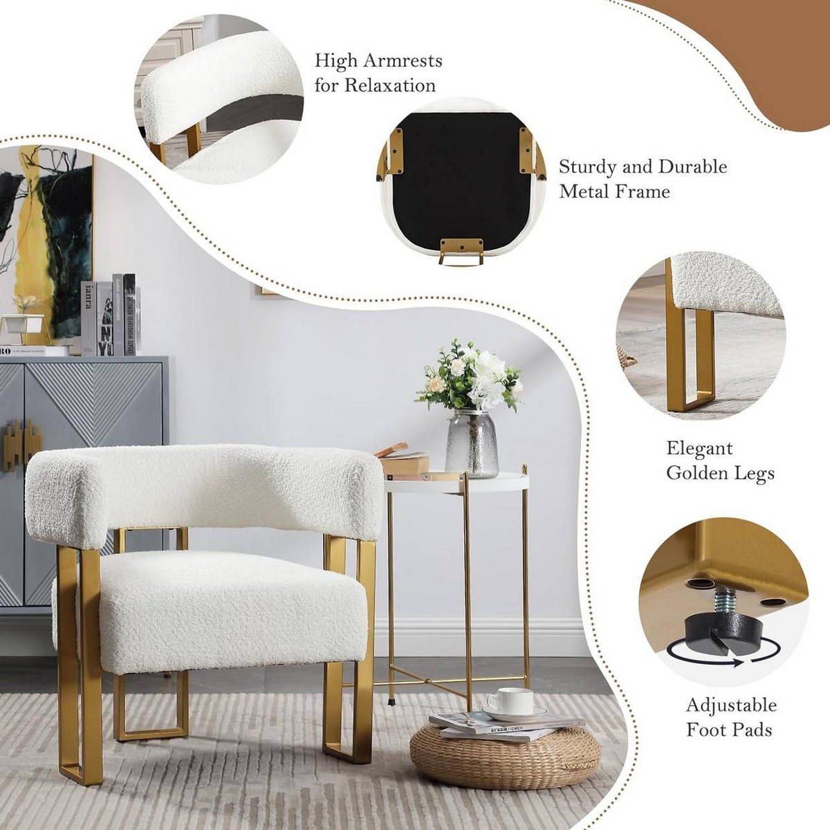 RELAXSESSEL aus Chenille, Cremeweiß - Goldfarben/Creme, Textil/Metall (65.5/70/60cm) - Woltu