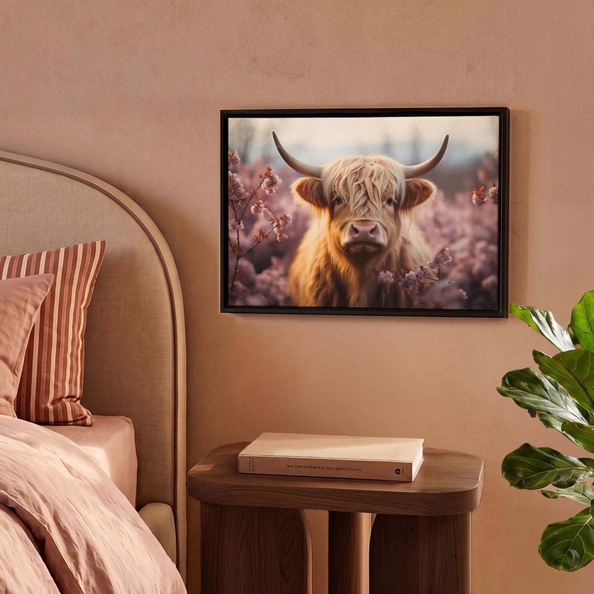 LEINWAND Bilder mit Rahmen - Schottischer Hochländer - Frühling - Hochland - 40x30 - Hellrosa, Textil (40/30cm) - MuchoWow