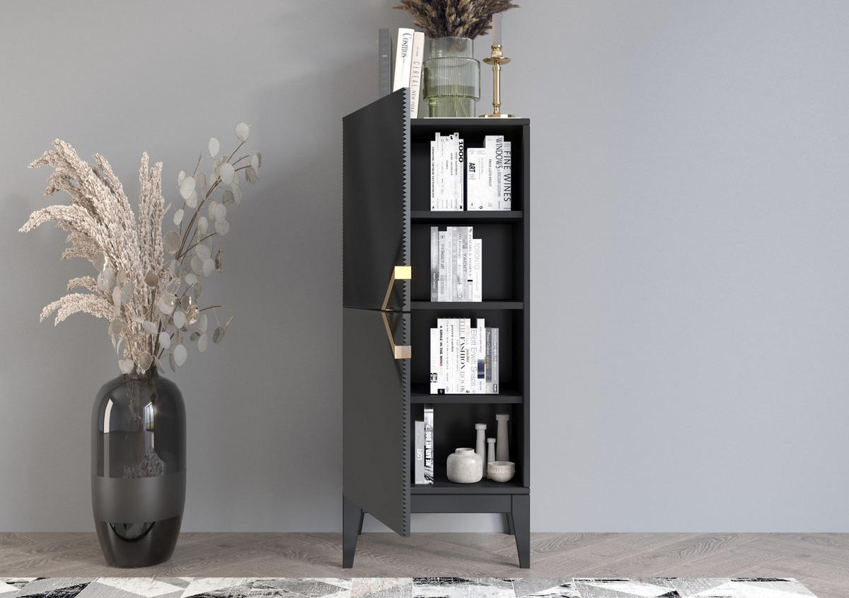 HIGHBOARD Demi 2D High, Schwarz-Gold, Mit Gefrästen Fronten, Massive Buche - Schwarz, Holz/Holzwerkstoff (50.5/120.5/42cm) - Visby