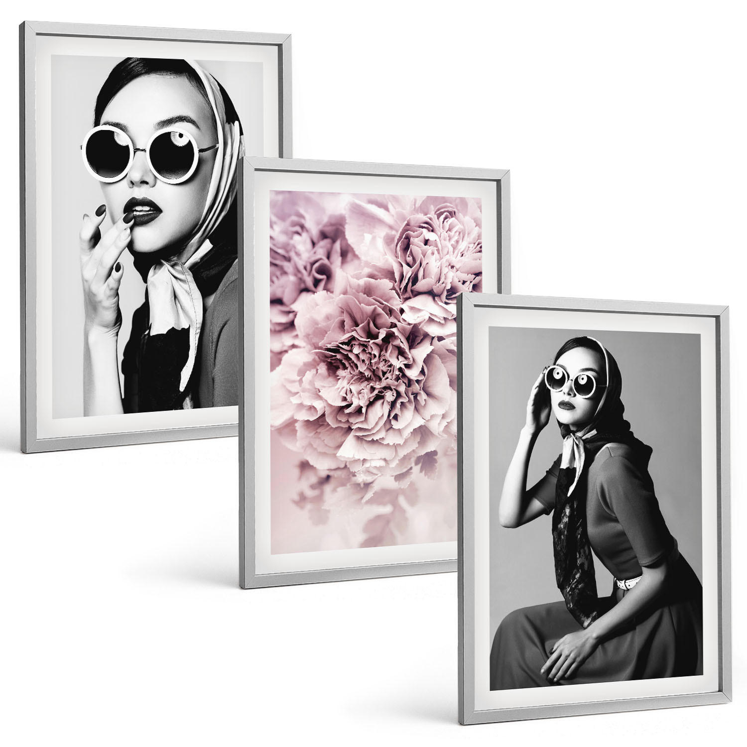 BILDER SET 3er Set - 40x60 cm Silberner Rahmen - Stilvolle Porträts von Frauen mit Blumen - Silberfarben, Kunststoff (40/60cm) - TULUP