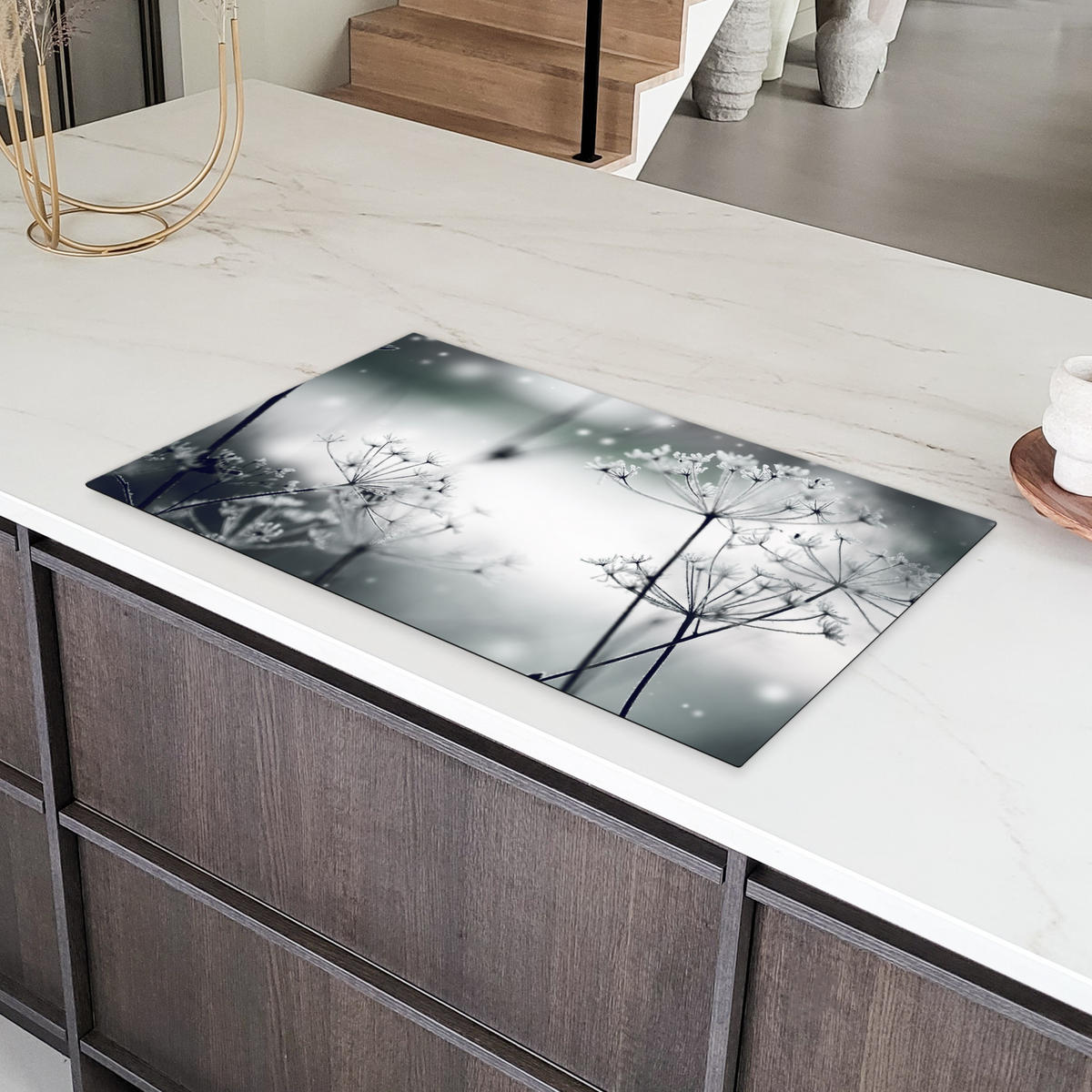 HERDABDECKPLATTE Blumen - Winter - Schnee - Natur Ceranfeldabdeckung 90x52 cm - Grau, Kunststoff (90/52/0.2cm) - MuchoWow