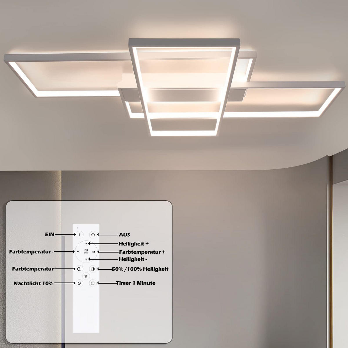 LED-DECKENLEUCHTE Schwarzgrimm 70/8/100 cm - Weiß, Metall (100/70/8cm) - ZMH