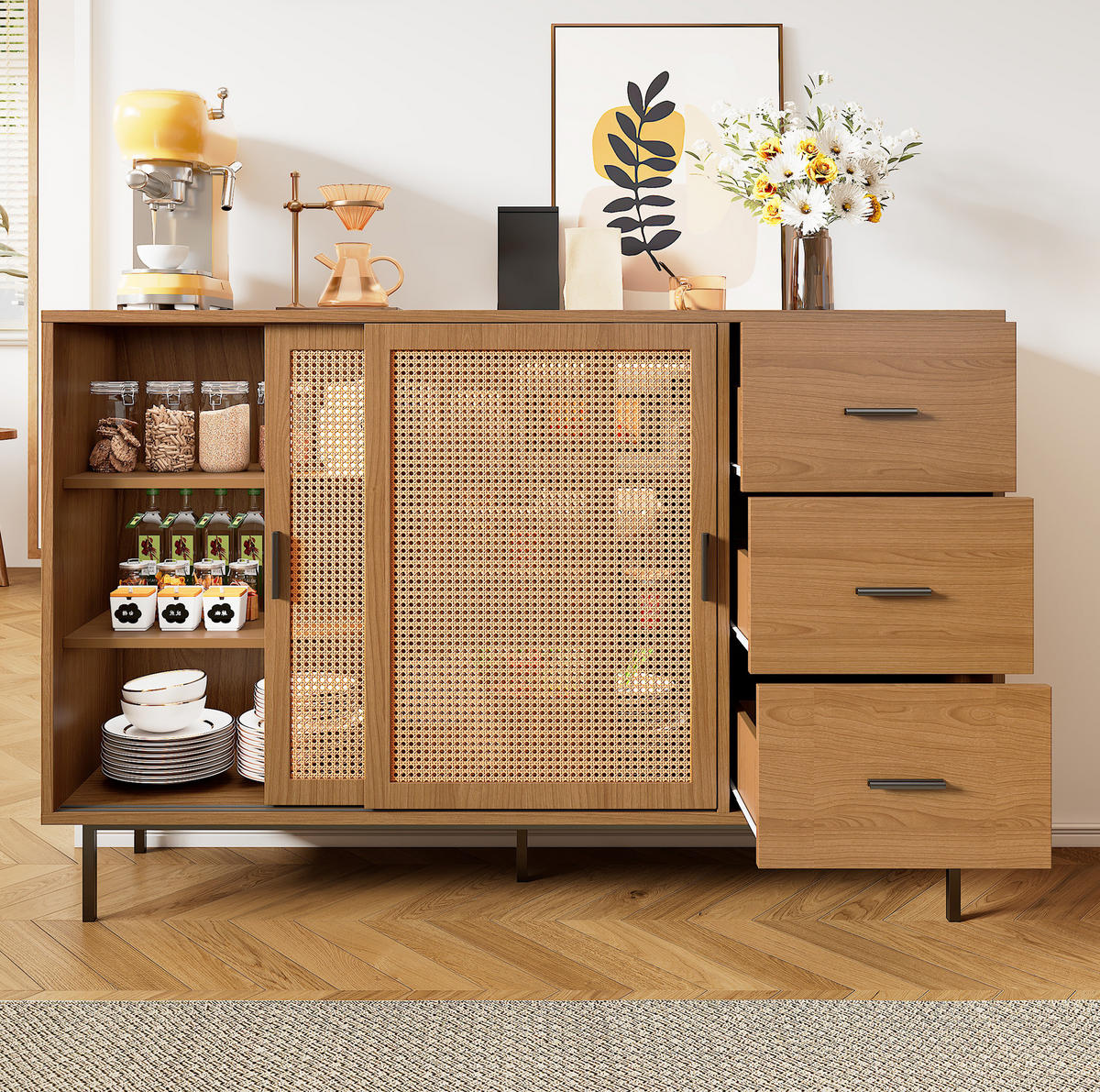 SIDEBOARD aus Spanplatte 140x37x91 cm Natur mit 2 Schiebetüren, 3 Schubladen und verstellbaren Einlegeböden - Naturfarben, Holzwerkstoff (140/91/37cm) - Modfu