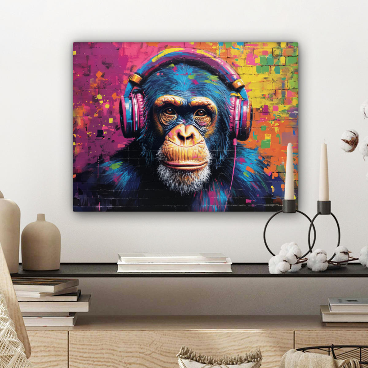 LEINWANDBILD Graffiti - Schimpanse - Straßenkunst - Kopfhörer - Affe Wandbild 40x30 cm - Blau, Textil (40/30cm) - MuchoWow