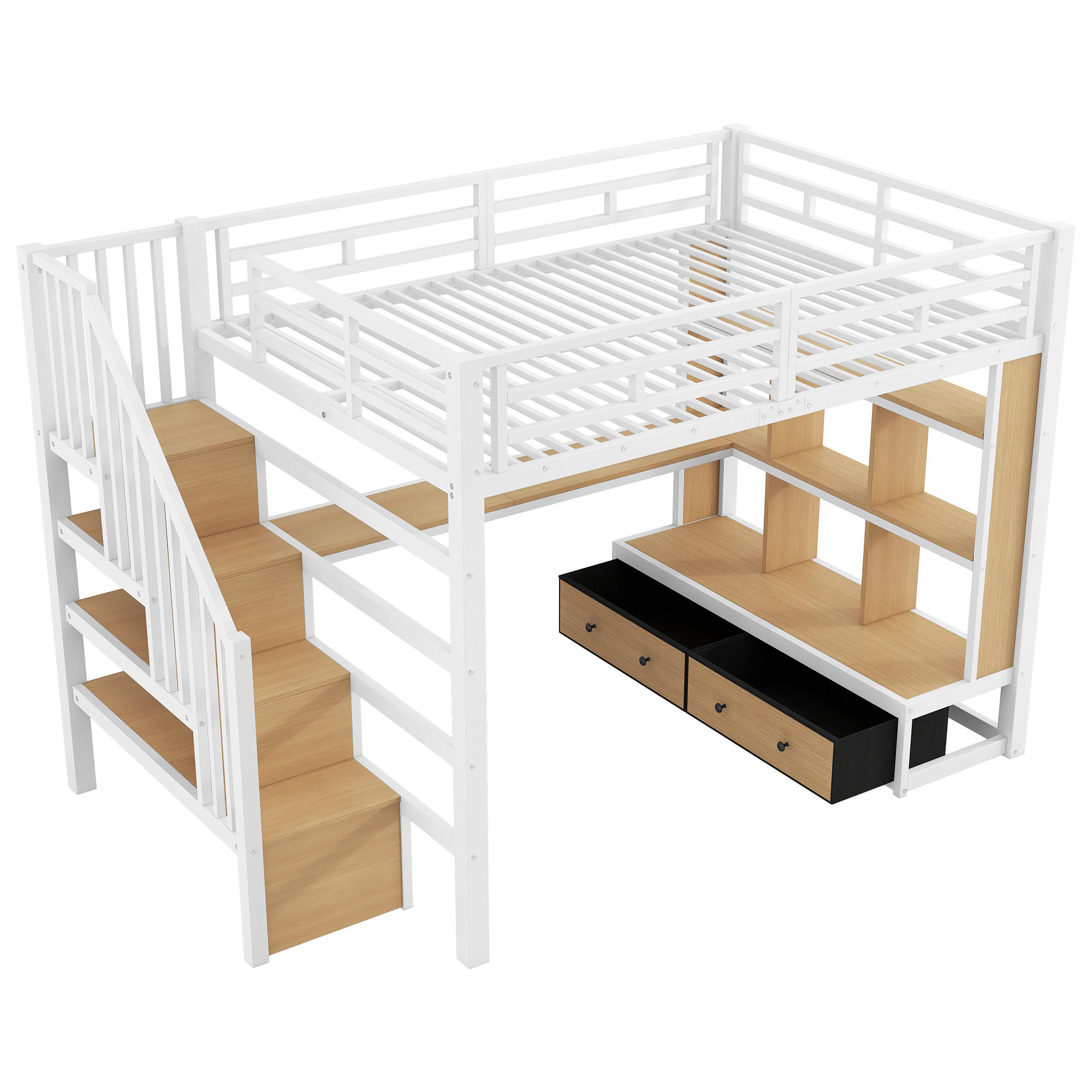 HOCHBETT 140/200 cm DE-03429, mit Schreibtisch, Regalen und zwei Schubladen, in Weiß - Weiß, Holzwerkstoff/Metall (140/200cm) - ComfortXL