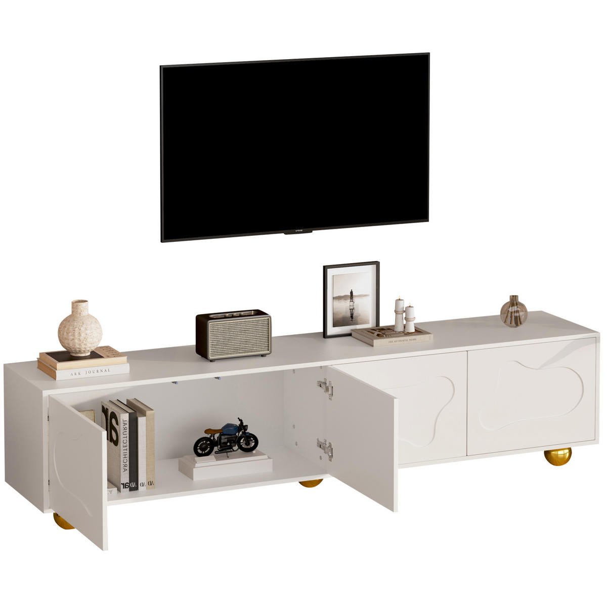 TV-LOWBOARD 180/40/45 cm mit 4 Türen, Wolkenfront und 5 Standbeinen, Weiß - Weiß, Holzwerkstoff (180/45/40cm) - Redom
