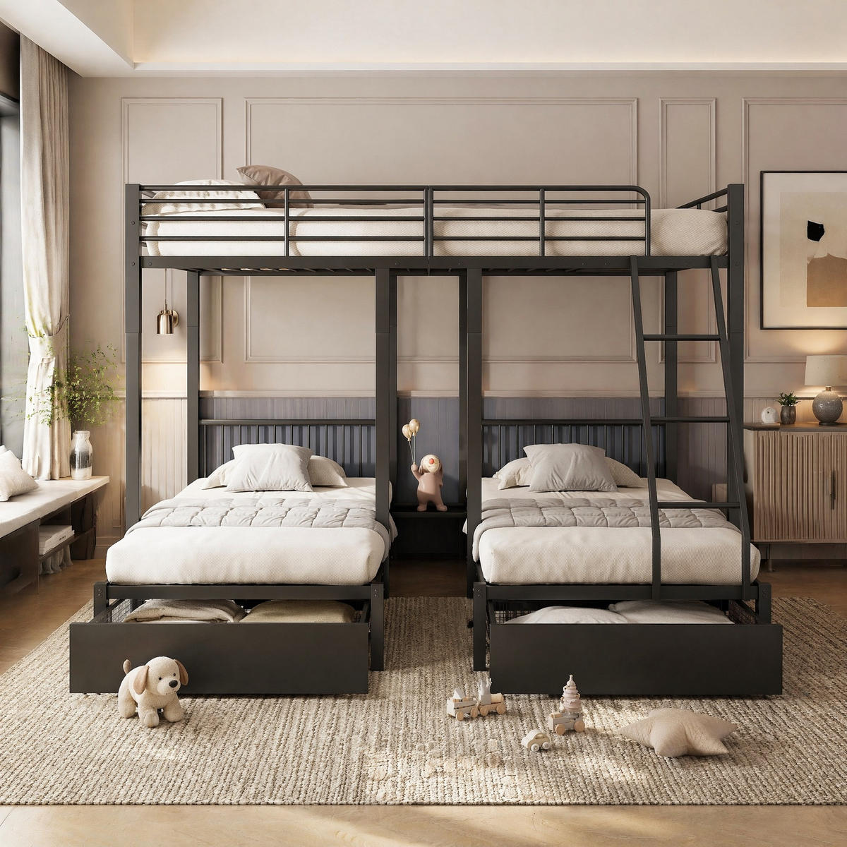ETAGENBETT 140/200 & 2x 90/200 cm in Schwarz aus Metall mit Schubladen - Schwarz, Metall (140/200cm) - OKMYHOME