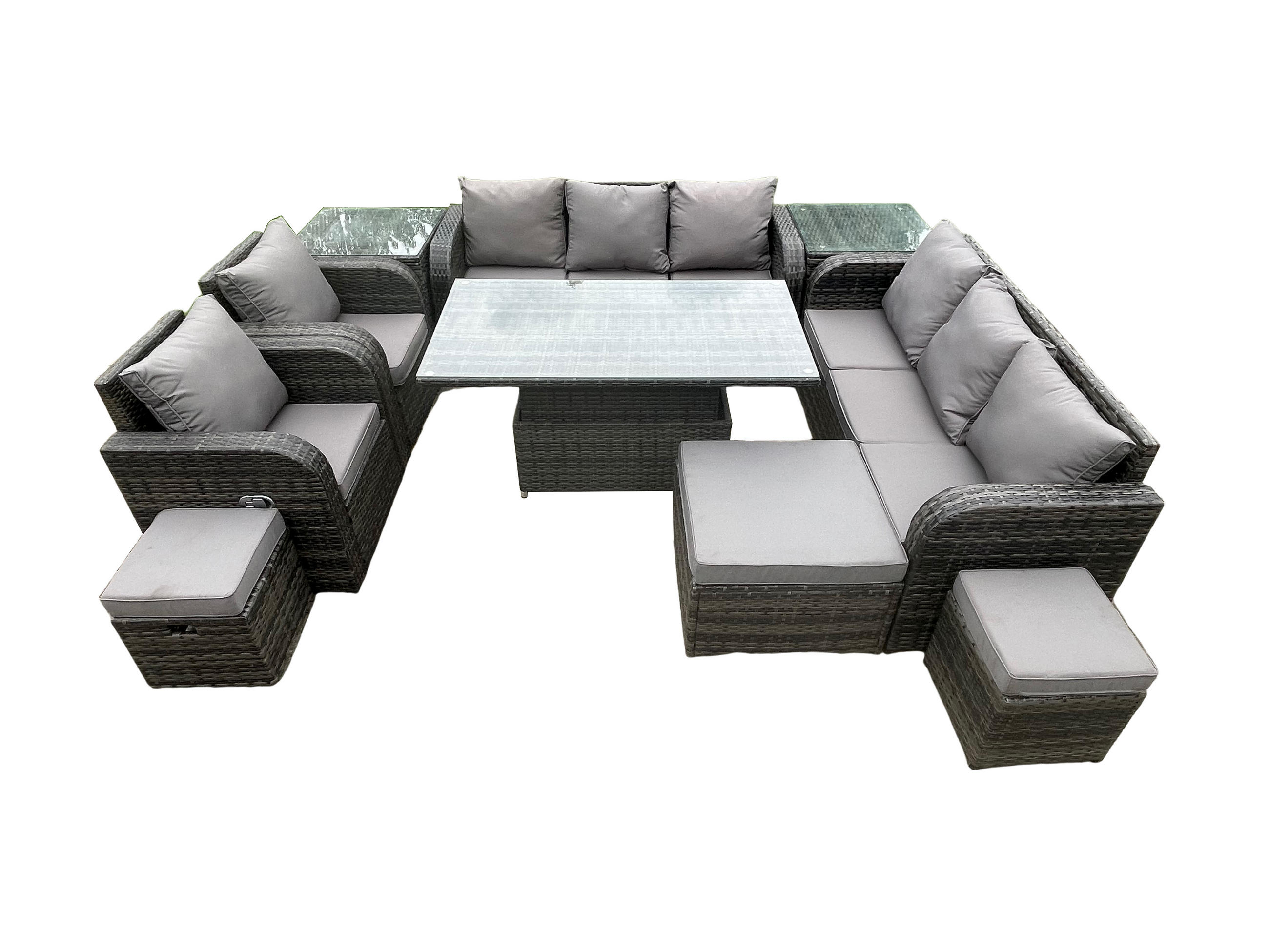 GARTENSET Polyrattan 11-Sitzer - Dunkelgrau/Grau, Glas/Kunststoff - Fimous