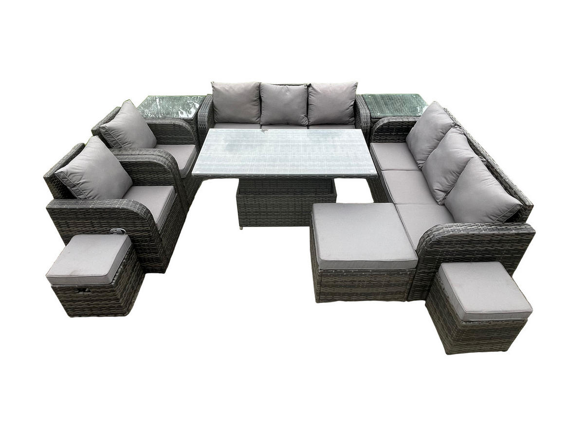 GARTENSET Polyrattan 11-Sitzer - Dunkelgrau/Grau, Glas/Kunststoff - Fimous
