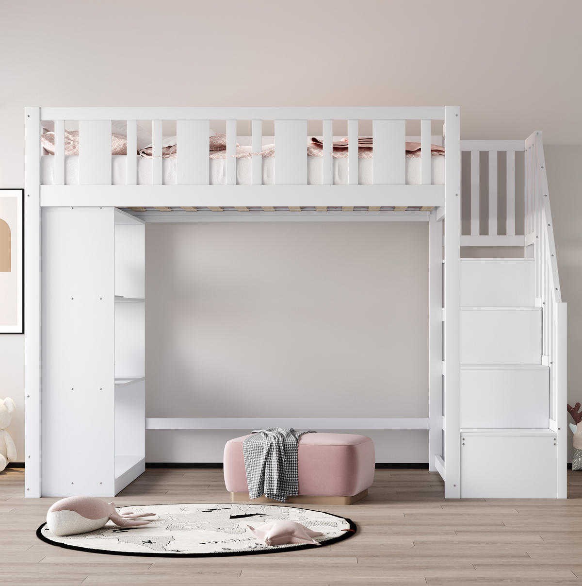 VYSOKÁ posteľ 90/200 cm biela z dreva s úložným priestorom a bezpečnostným rebríkom - biela, drevo (90/200cm) - OKWISH