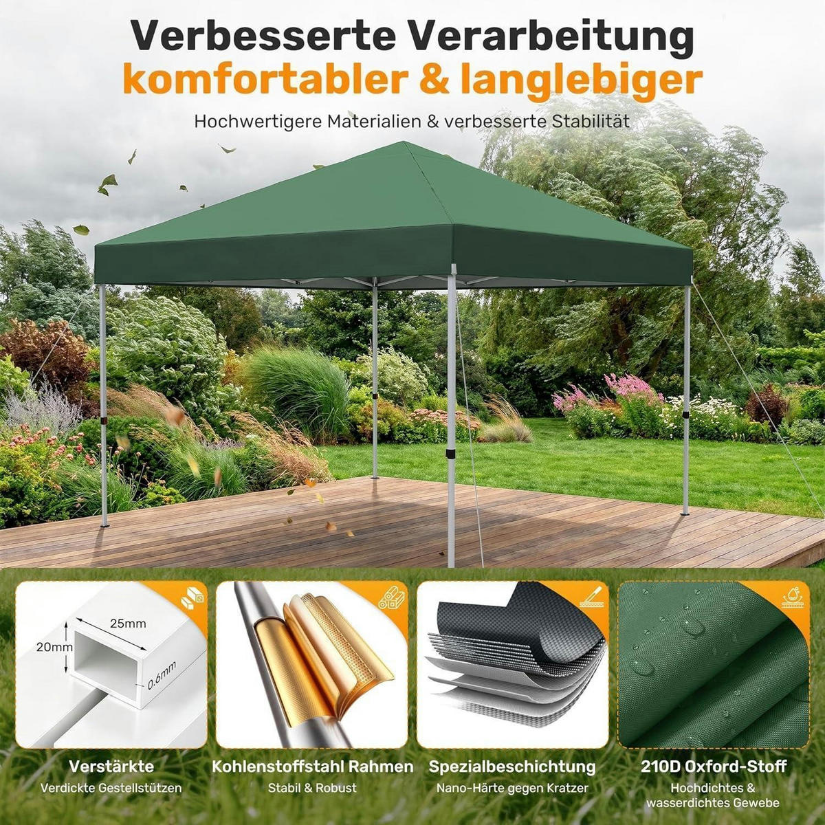 GARTENPAVILLON 3 x 3 m Grün Wasserdicht UV-Schutz 50+ Höhenverstellbar - Grün, Textil (300/265/300cm)