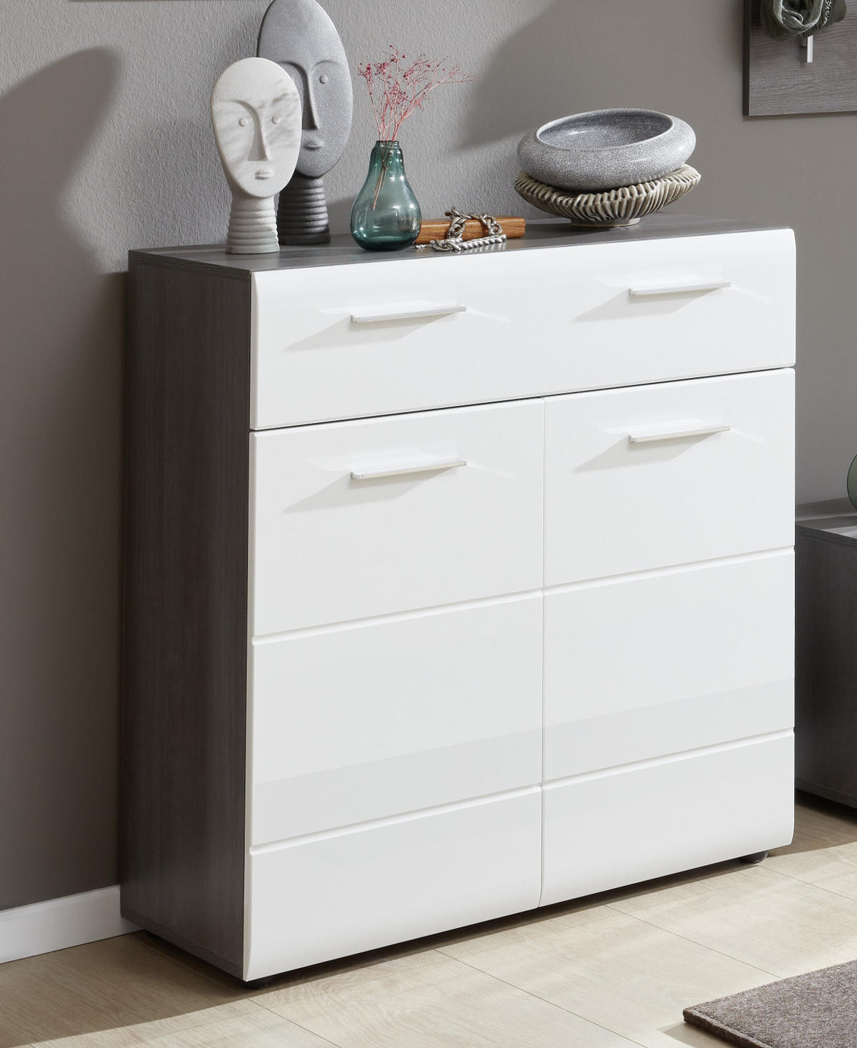 SCHUHKOMMODE Hochglanz weiß, Sardegna grau 80 x 87 cm, Flurkommode 2-türig - Weiß Hochglanz/Silberfarben, Holzwerkstoff/Kunststoff (80/87/35cm) - Top.Furn