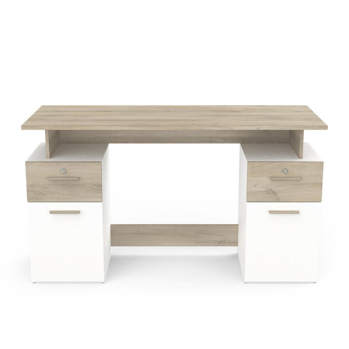 SCHREIBTISCH mit Doppelcontainer, in Holz und Weiß Dekor - L134,8 cm - Platon - Eiche Artisan, Holzwerkstoff (134.8/55/76.4cm) - Calicosy