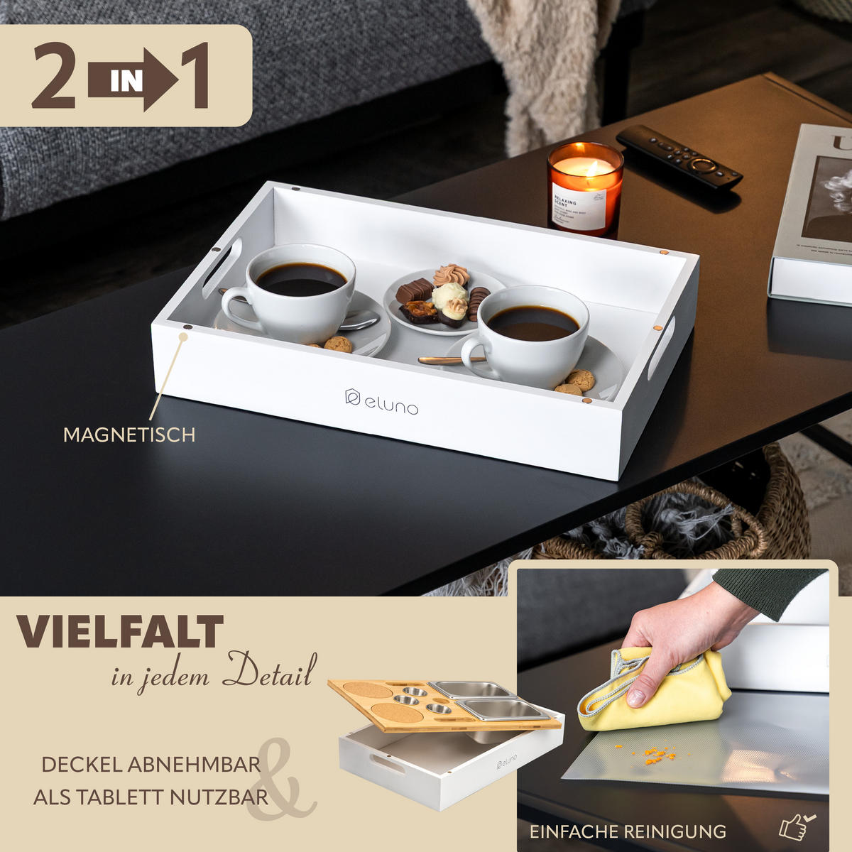 COUCHBAR mit abnehmbarem Deckel, Bambus, weiß - Creme, Holz (40/8/26cm) - eluno
