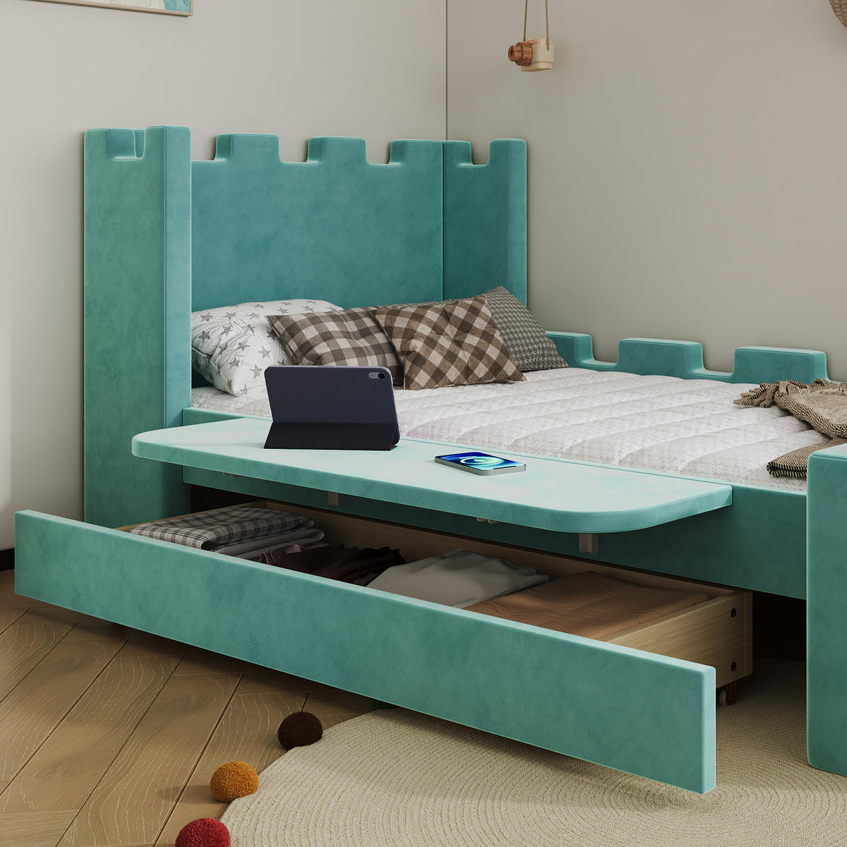 BETT mit Schublade und Ablage 90x200 cm Blaugrün - Blau, Holz (90/200cm) - Meubliv