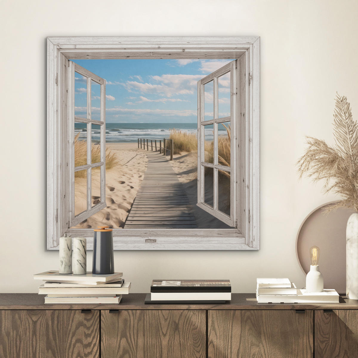 AKUSTIKBILD Fenster - Meer - Küste - Natur - Ausblick - Strand - Wattenmeer Wandbilder 60x60 cm - Beige, Kunststoff (60/60/0.9cm) - MuchoWow