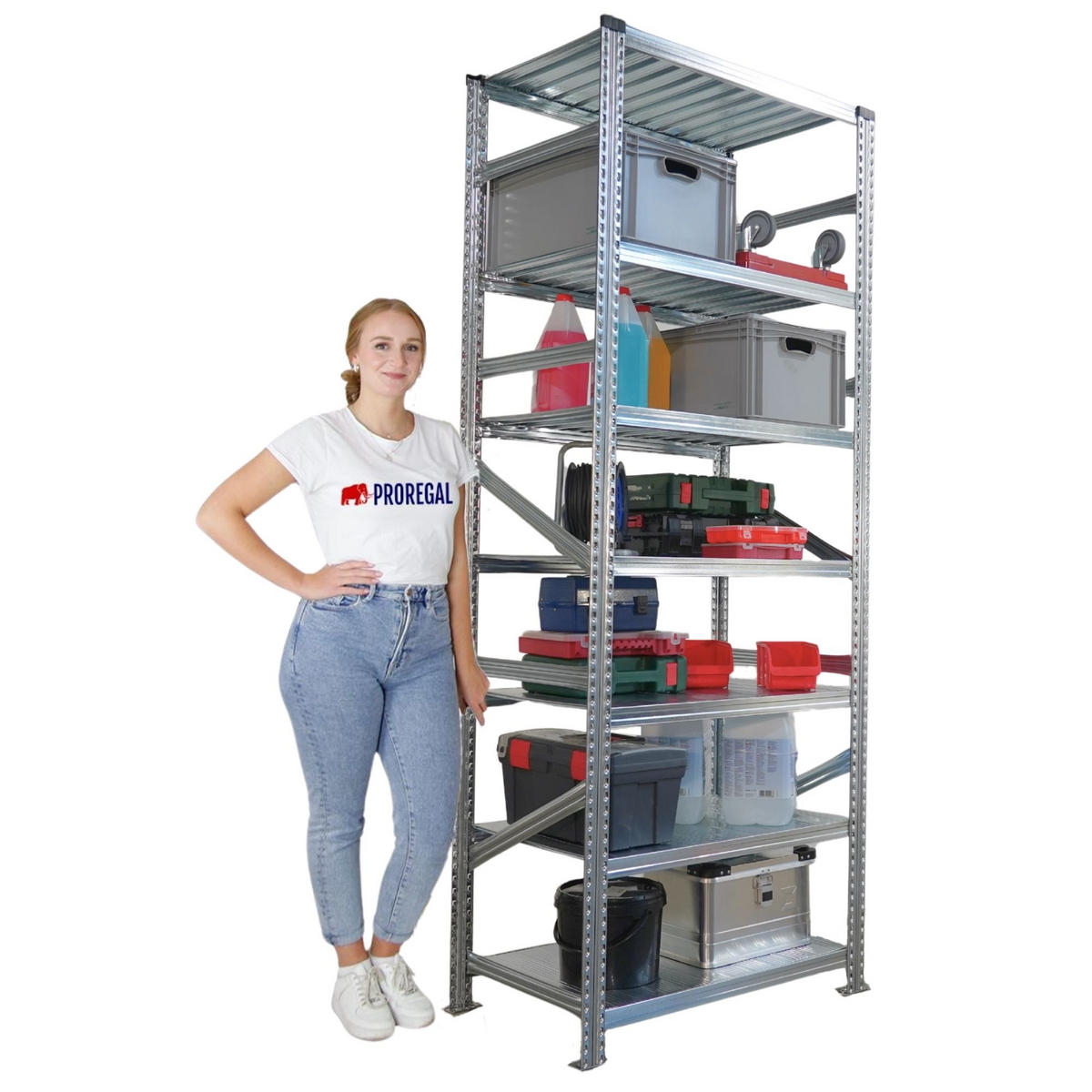 FACHBODENREGAL Proximo Stecksystem 250x360x60cm 7 Ebenen Beidseitig nutzbar Verzinkt - Silberfarben, Metall (360/250/60cm) - PROREGAL