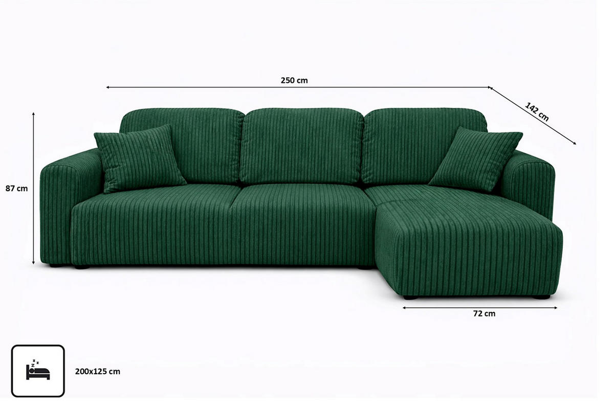 ECKSOFA Mit Schlaffunktion Und Bettkasten, Sofa L-Form Bingo L, Cordstoff Poso, Grün, Rechts - Grün, Holz (250/142cm) - Kaiser Möbel