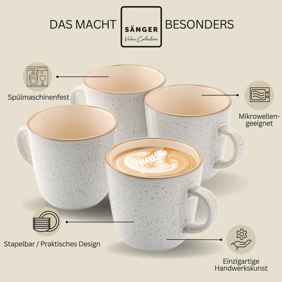 KAFFEEBECHER SET RIO CREME- 4 teilig aus Steingut - Creme, Keramik (0.43L) - Sänger