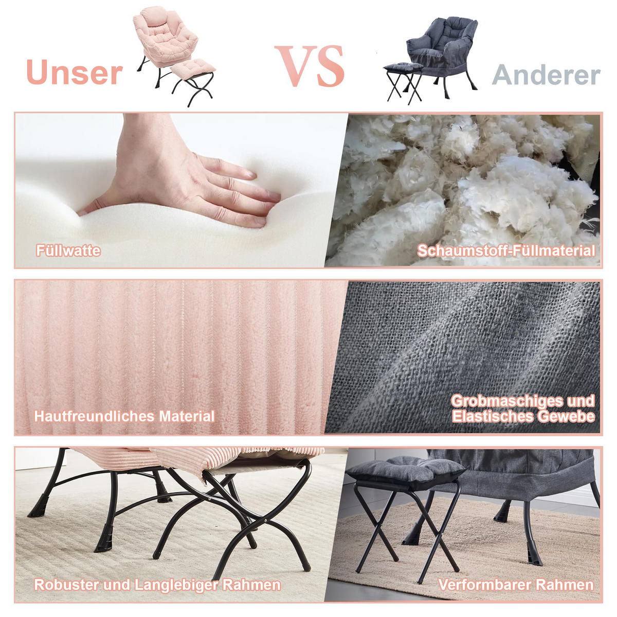 LOUNGESESSEL Relaxsessel mit Hocker,dicke Polsterung, Rosa - Rosa, Metall (70/95/64cm) - LVHOM