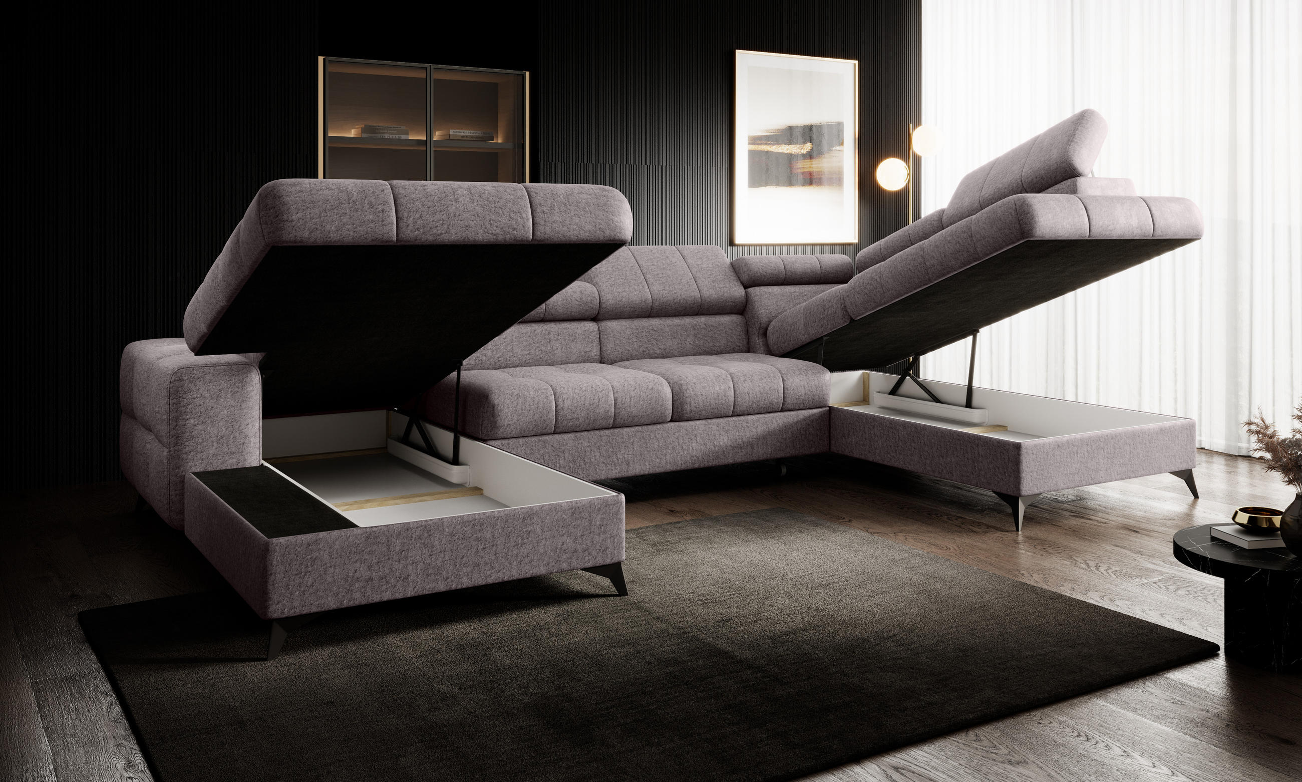 Thumbnail - Muffo Ecksofa, Grau, Holz, 6-Sitzer, Ottomane links,L-Form, 350x203 cm, Wohnzimmer, Sofas & Couches, Wohnlandschaften, E...
