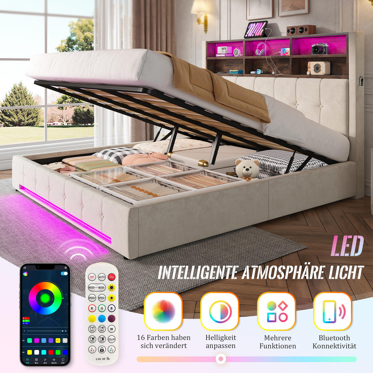 POSTEL 180/200 cm s LED osvětlením, USB-C, hydraulickým úložným prostorem a sametovým čelem s policemi, Béžová - béžová, kov (180/200cm) - Redom