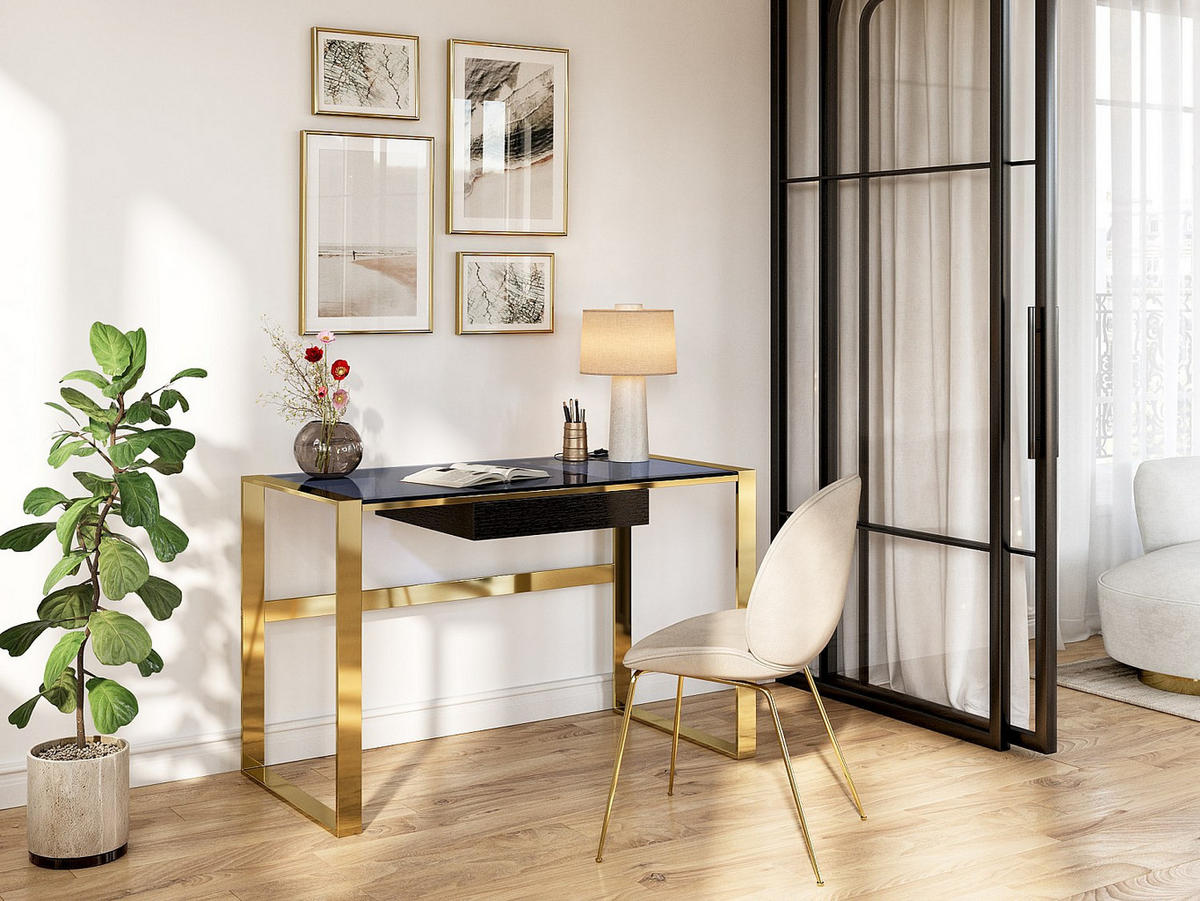 SCHREIBTISCH mit 1 Schublade - Glas & Stahl - Schwarz & Goldfarben - SALI - Schwarz, Metall (120/60/76cm) - Pascal Morabito