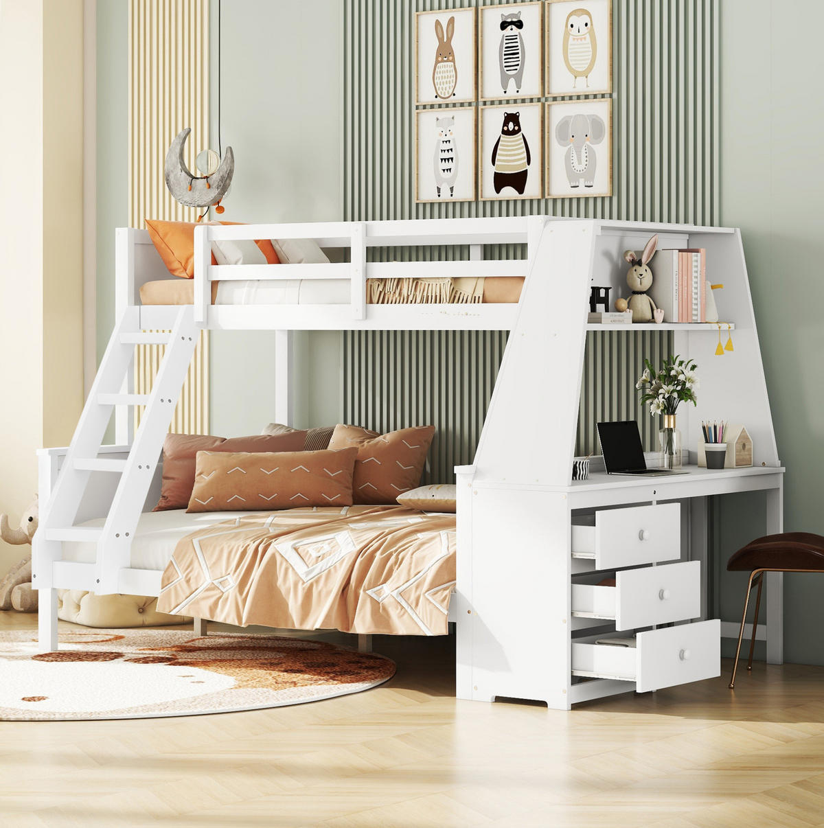 ETAGENBETT aus Kiefern und MDF 90x200/140x200 cm Weiß mit Schreibtisch, Bücherregal und Stauraum - Weiß, Holzwerkstoff (90/200cm) - Modfu