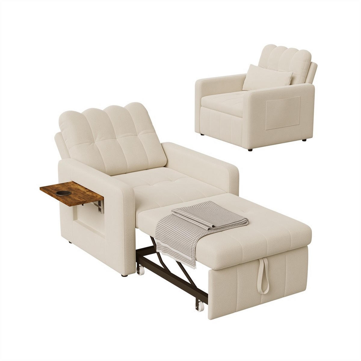 SCHLAFSESSEL mit klappbarem Ablagetisch und Seitentasche - Beige - Beige, Textil (85/86/108cm) - DELFA