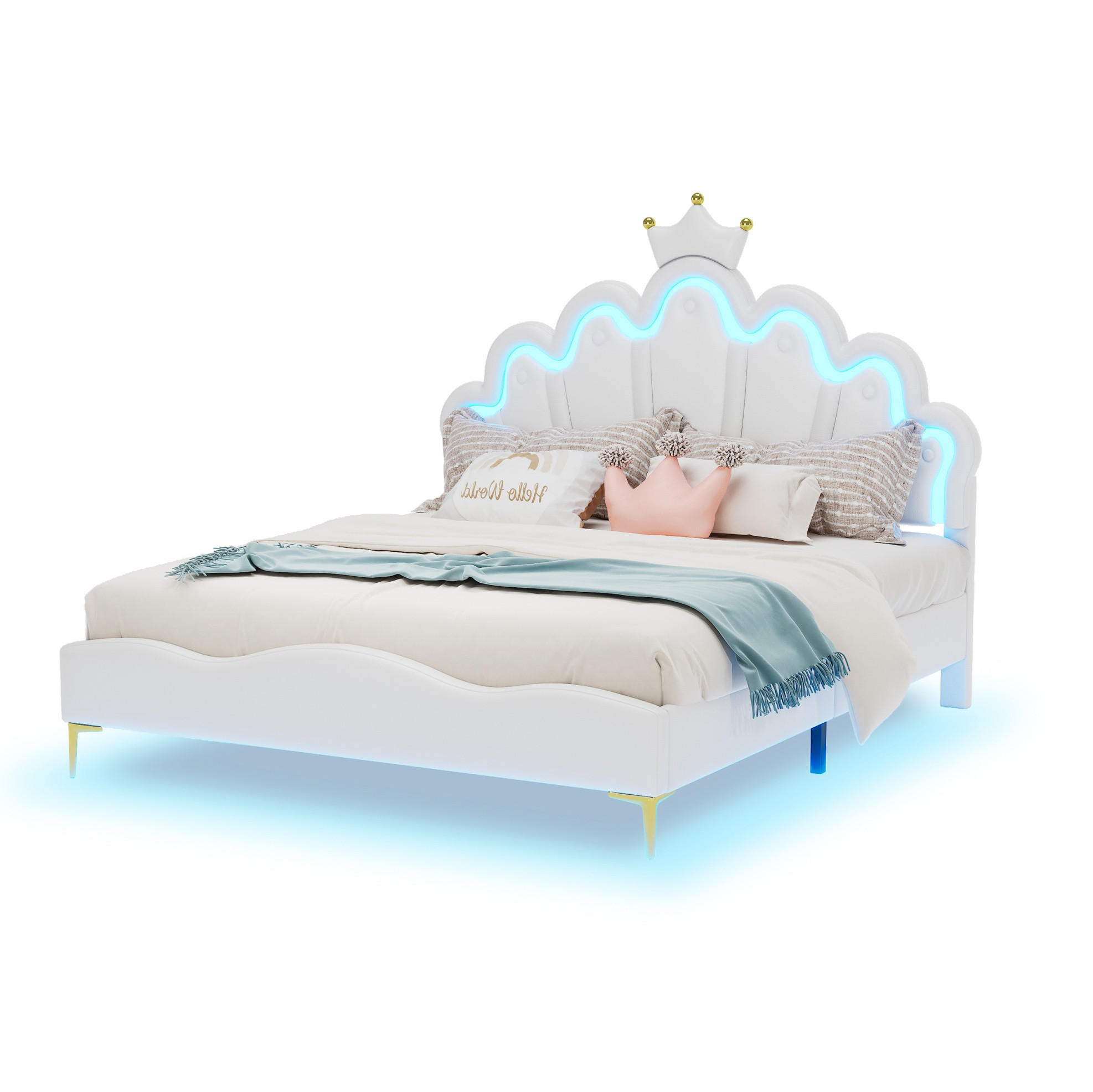 MANŽELSKÁ postel 140/200 cm bílá z PU kůže s LED osvětlením a nastavitelnou výškou - bílá, plast (140/200cm) - OKWISH