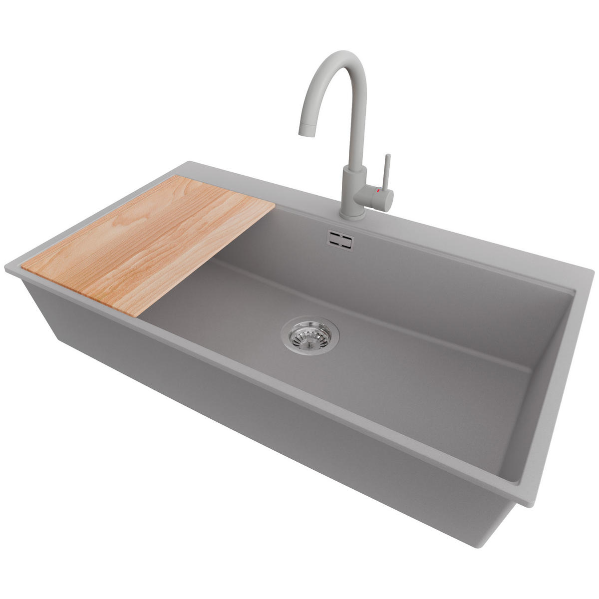 GRANITSPÜLE Oslo, 2-er set Grau 88/50 cm 1 Becken + Küchenarmatur 32/20 cm + Ablauf-Set + Schneidebrett ab 90er Unterschrank - Chromfarben/Beige, Kunststoff (88/20/50cm) - Primagran