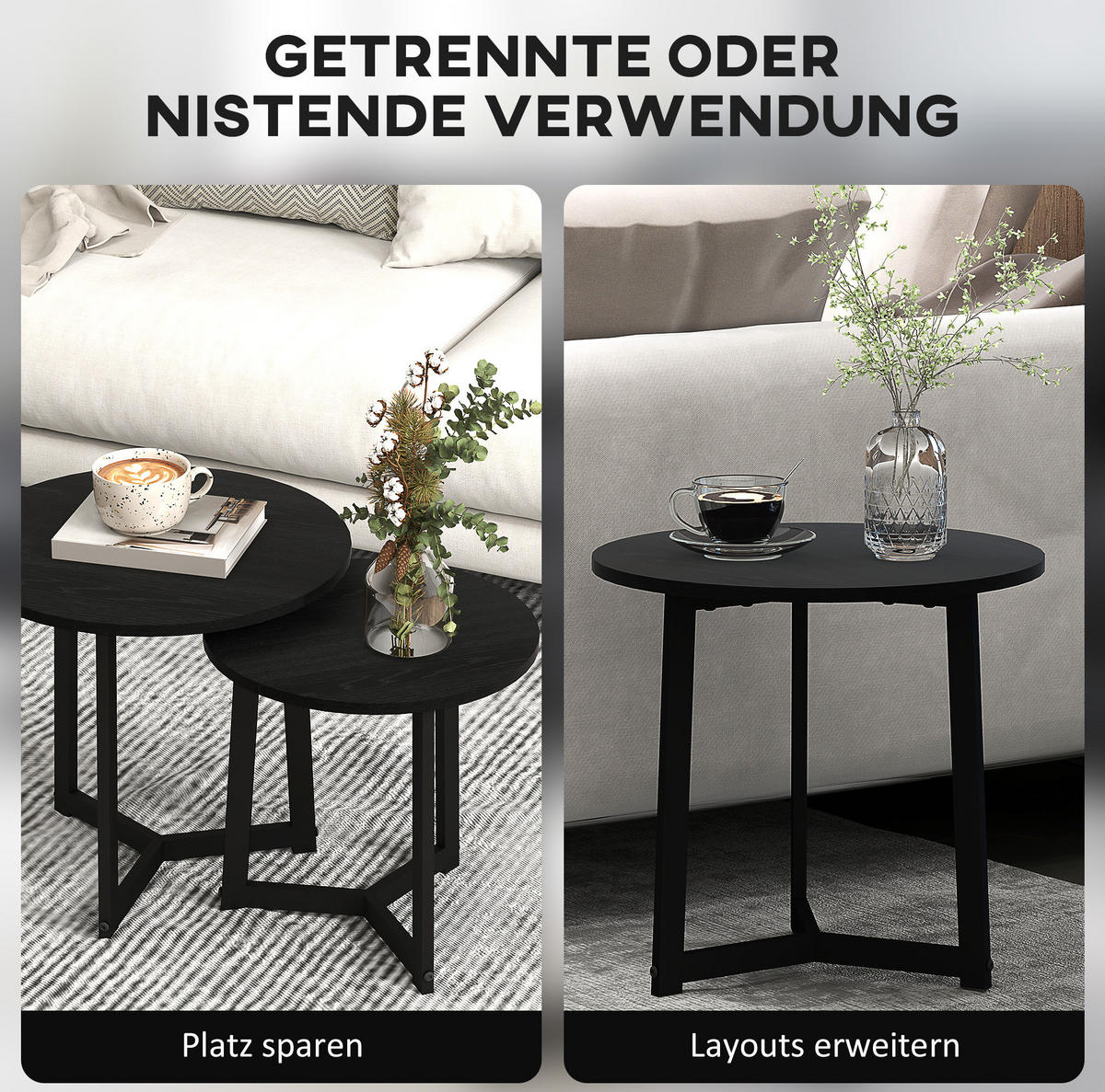SADA konferenčních stolků 48/48/45 cm černá z oceli se zasouvacím designem - černá, kov (48/48/45cm) - OKWISH
