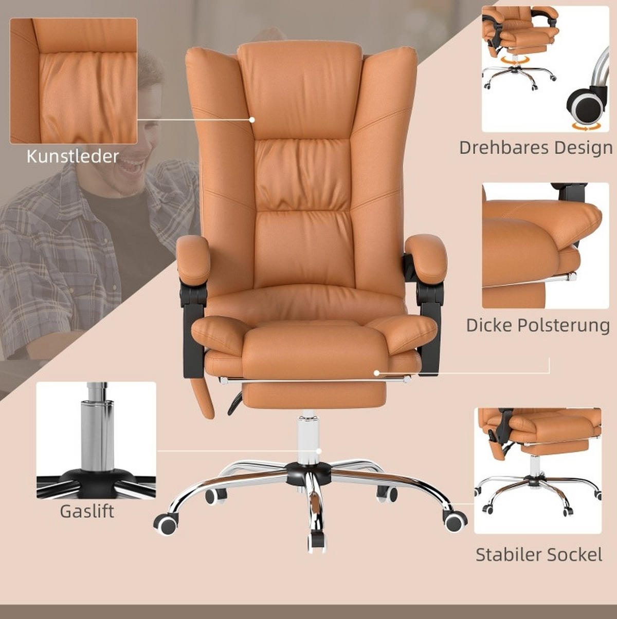 BÜROSTUHL in Braun 70x64x118 cm mit Massage, Wärmefunktion und verstellbarer Rückenlehne - Braun, Kunststoff (64/118/70cm) - IVMEU