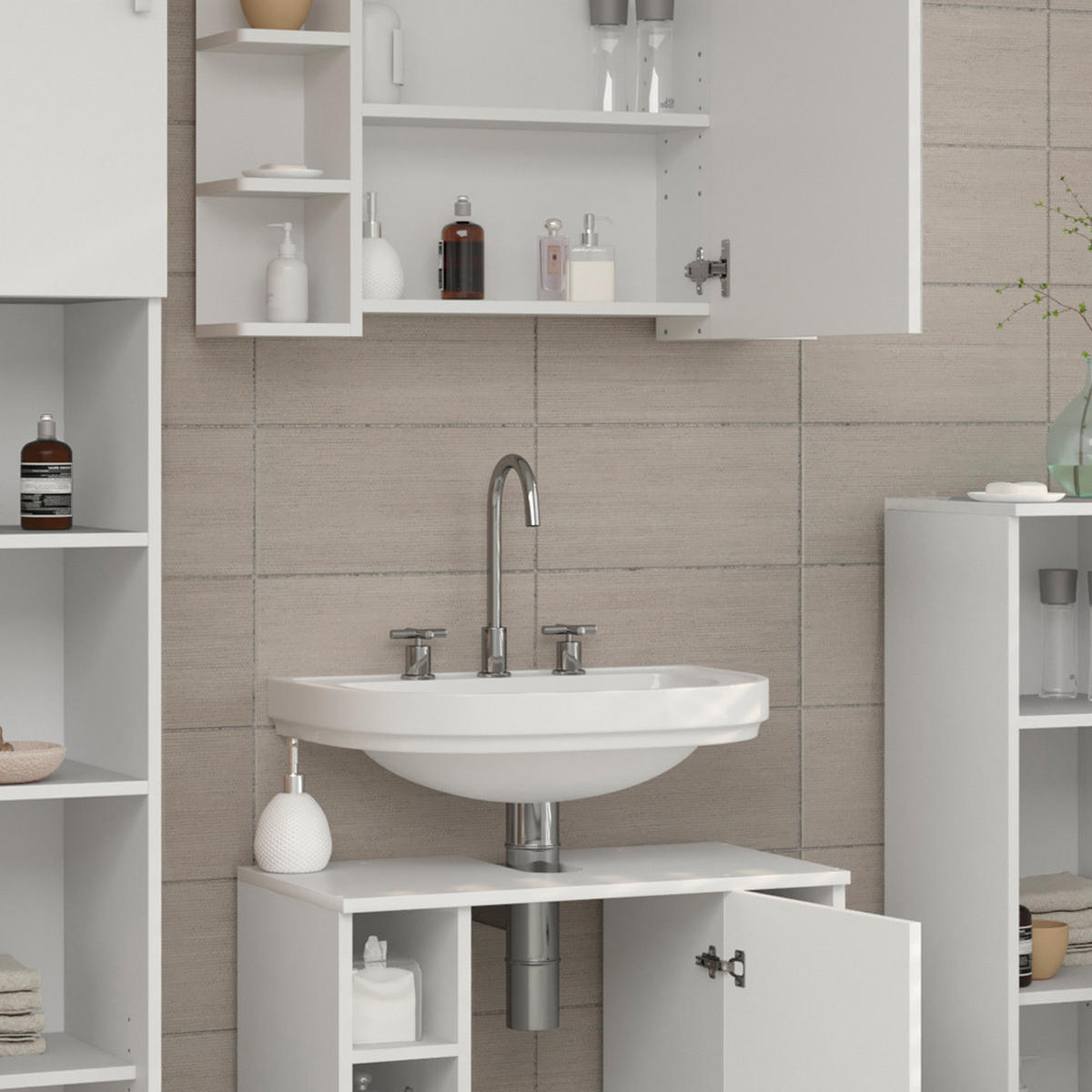 BADMÖBEL-SET Fynn Weiß 2 Teile - Weiß, Holzwerkstoff (60/54/32cm) - Vicco