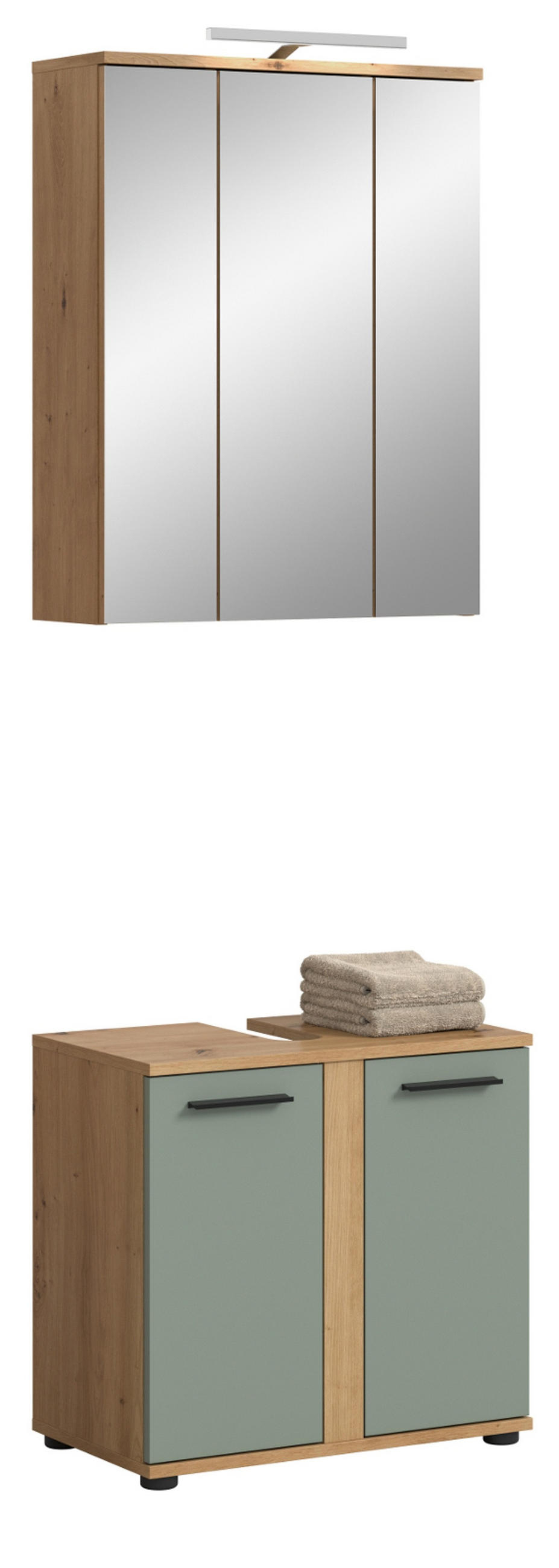 BADMÖBEL-SET Salbei grün, Eiche Artisan 60 cm 2-teilig, Badezimmerschränke inklusive LED Beleuchtung - Salbeigrün/Schwarz, Glas/Holzwerkstoff (60/191/34cm) - Inn.Furn