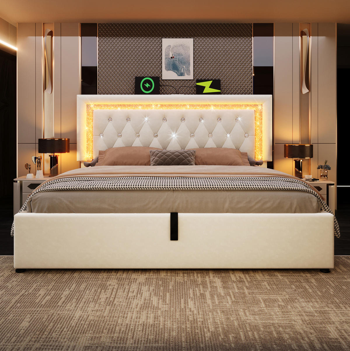 POLSTERBETT mit Bettkasten 160x200 cm Samt Beige mit LED und USB-C - Beige, Metall (160/200cm) - Meubliv