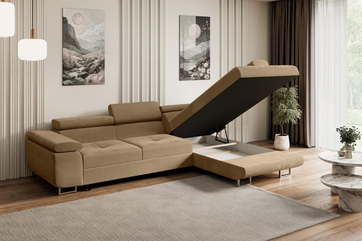ECKSOFA mit Schlaffunktion und Bettkasten GUSA-L 272x202x107 cm Beige Velours - Beige/Silberfarben, Holzwerkstoff/Textil (272/202cm) - ALTDECOR