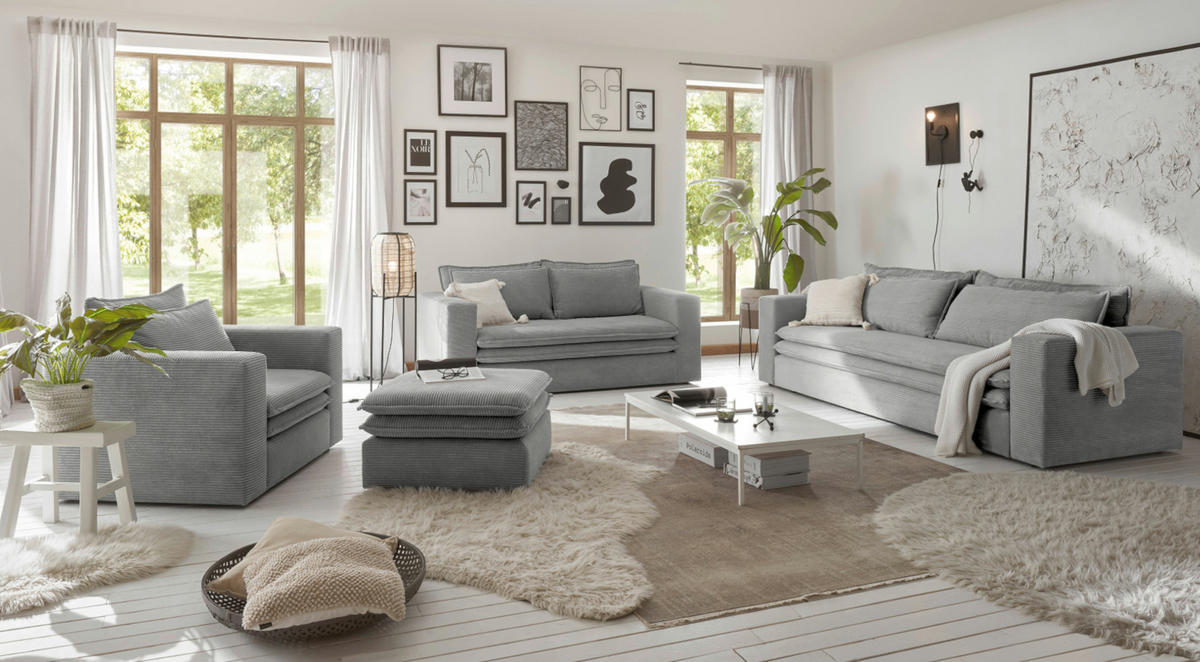 LOVESEAT Set hellgrau Cord, Loungesessel inklusive Hocker - Beige/Hellgrau, Holz/Kunststoff (110/83/161cm) - Furn.Design