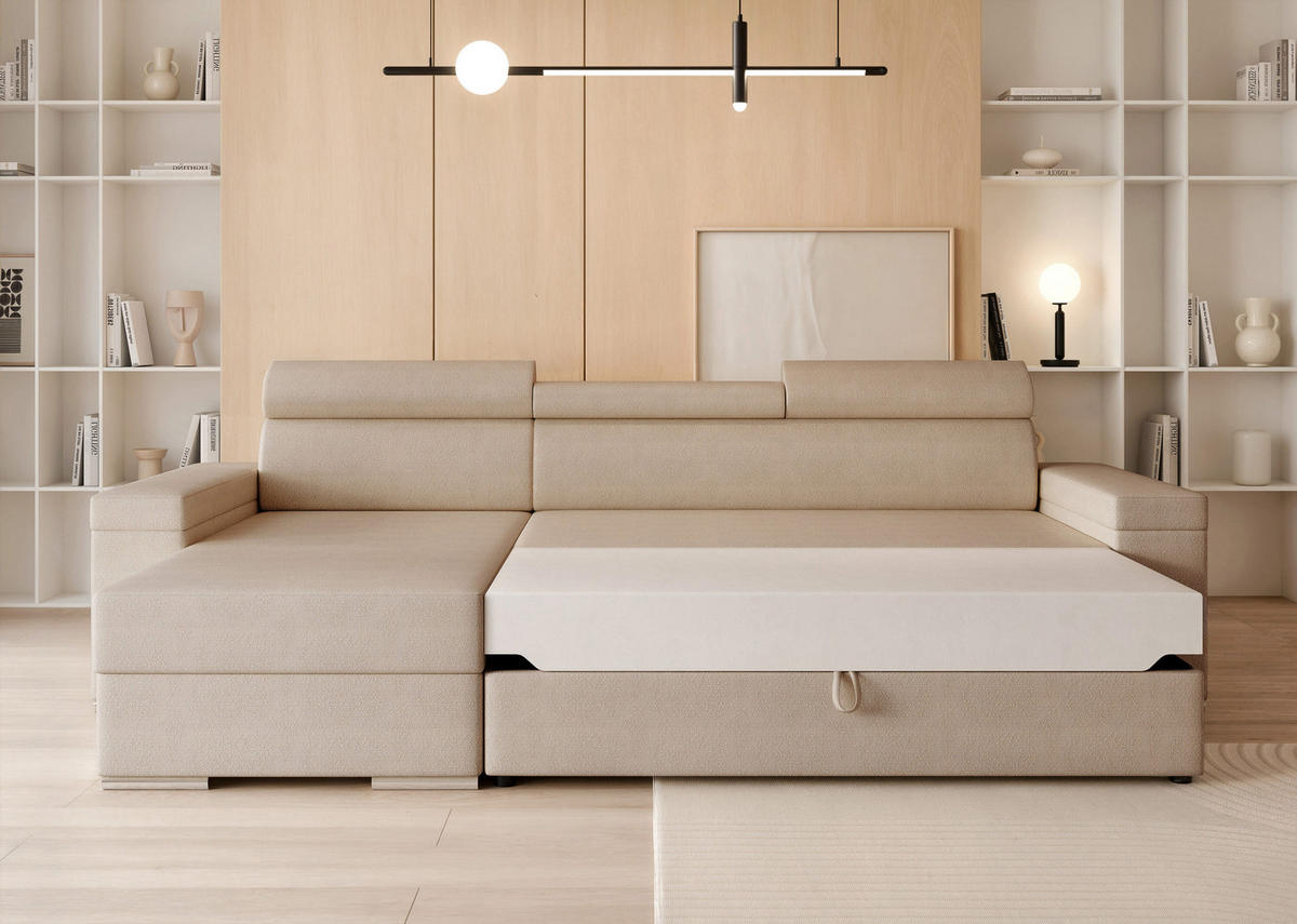 ECKSOFA AISHA mit Schlaffunktion und Bettkasten Beige - Beige, Holzwerkstoff/Kunststoff (250/90cm) - Idohome