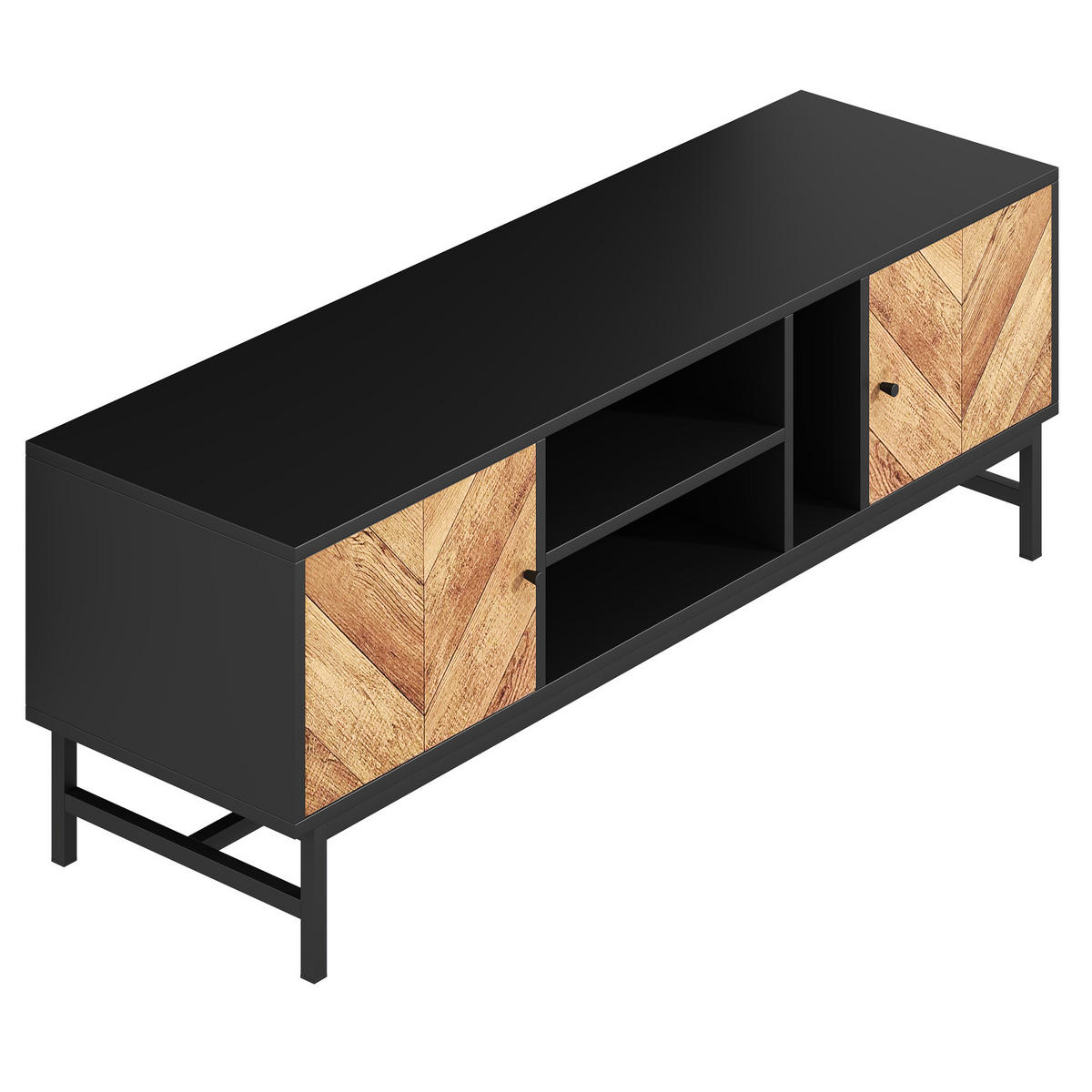 LOWBOARD in Schwarz und Naturfarben TV-Schrank mit vielseitigem Stauraum für Wohnzimmer, B150/T38/H55 cm - Schwarz/Naturfarben, Holzwerkstoff/Metall (150/55/38cm) - STILVORA