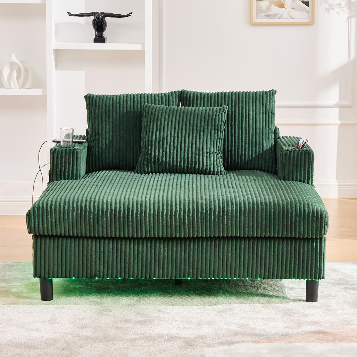 LIEGESTUHL mit LED-Stimmungsbeleuchtung，Cordstoff- Smaragd - Dunkelgrün, Textil (142/85/128cm) - KOMHTOM